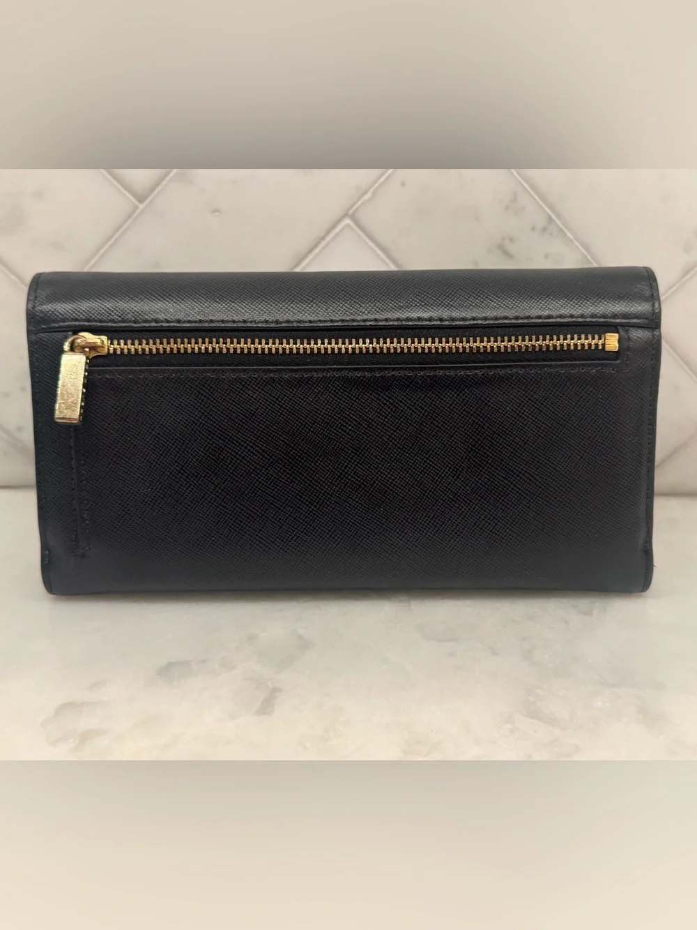 Tory Burch Black Leather Logo Flap Wallet with Gold Emblem